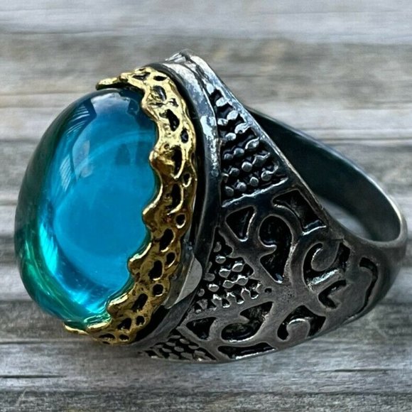 Other - Men Rings Fashion Blue Stone Gunmetal/Gold Tone Men Jewelry Rings Size 9